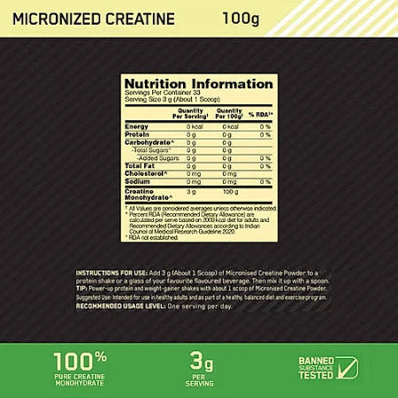 🏋️‍♂️ Optimum Nutrition (ON) Creatine Monohydrate – 100g Pure Micronized Creatine | 3g Per Serving | Performance • Strength • Power